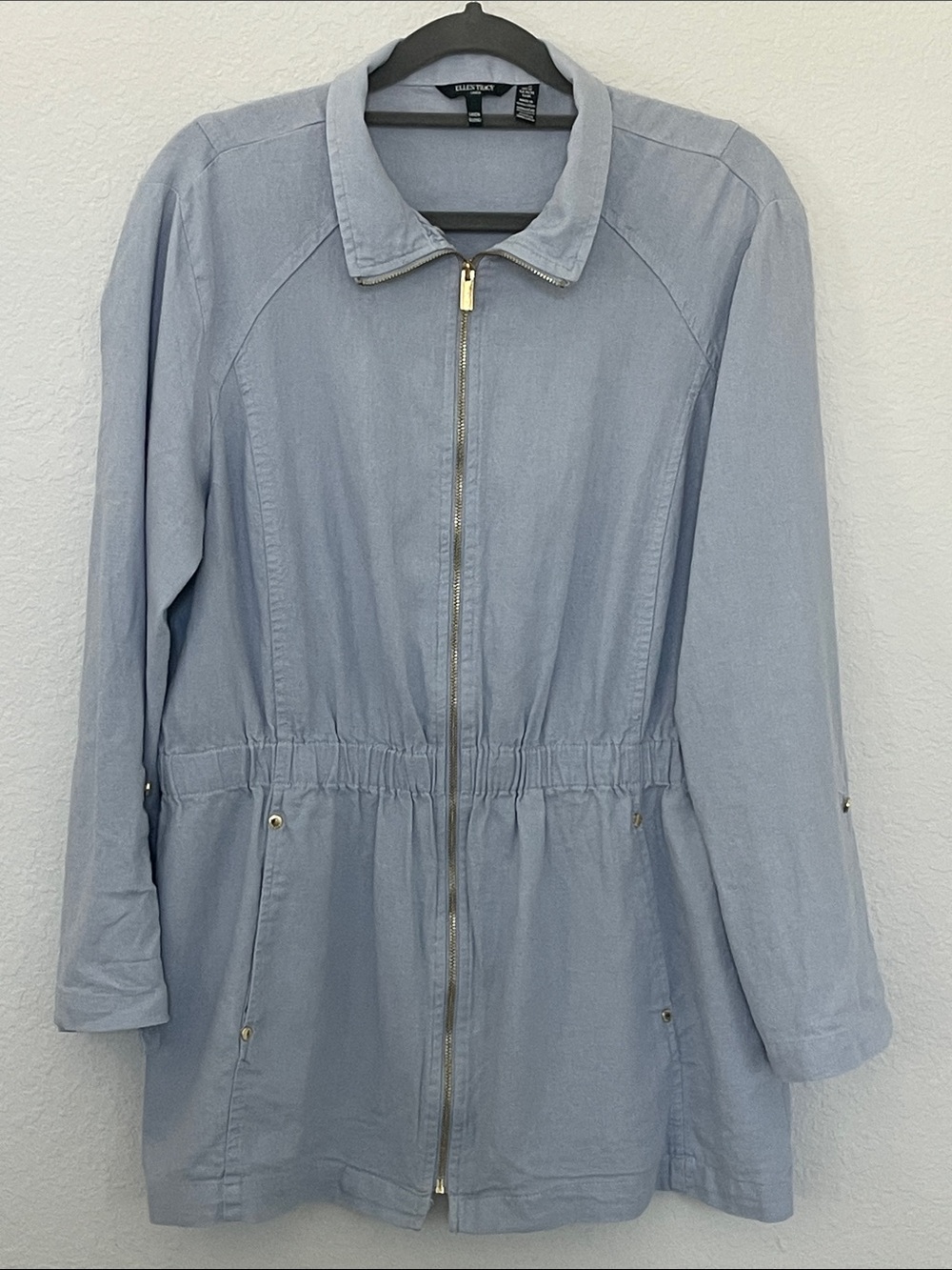 Ellen Tracy Linen Blend Utility Jacket Blue Gold Zip Roll Tab Sleeve M